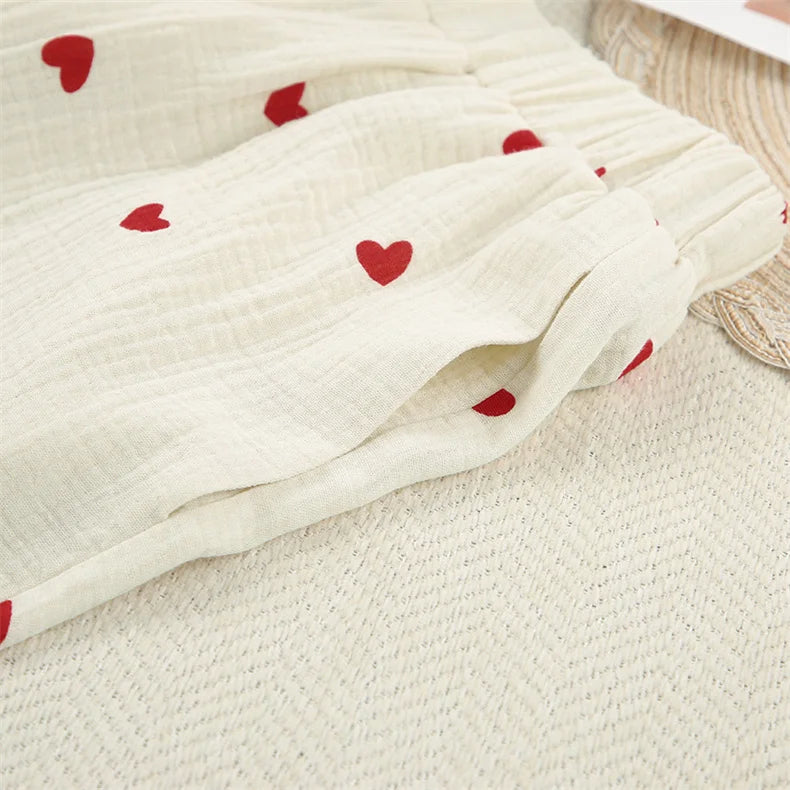 Summer New Love Heart Print Pyjama 100% Cotton Long Sleeve Set 2Pcs Outfit Lapel Sleepwear Button Down Women's Pajamas Nightwear - Smarsty