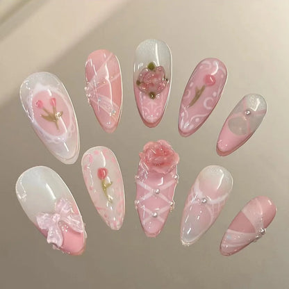 24 Piece Pink Almond Fake Nail Set With Bowknot Design - Smarsty