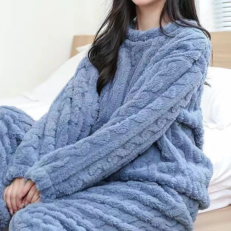 Autumn Women Solid Warm 2 Piece Sets Thicken Velvet Ribbed Fleece Set Pullover And Pants Women Casual Pajama Sets 2024 - Smarsty