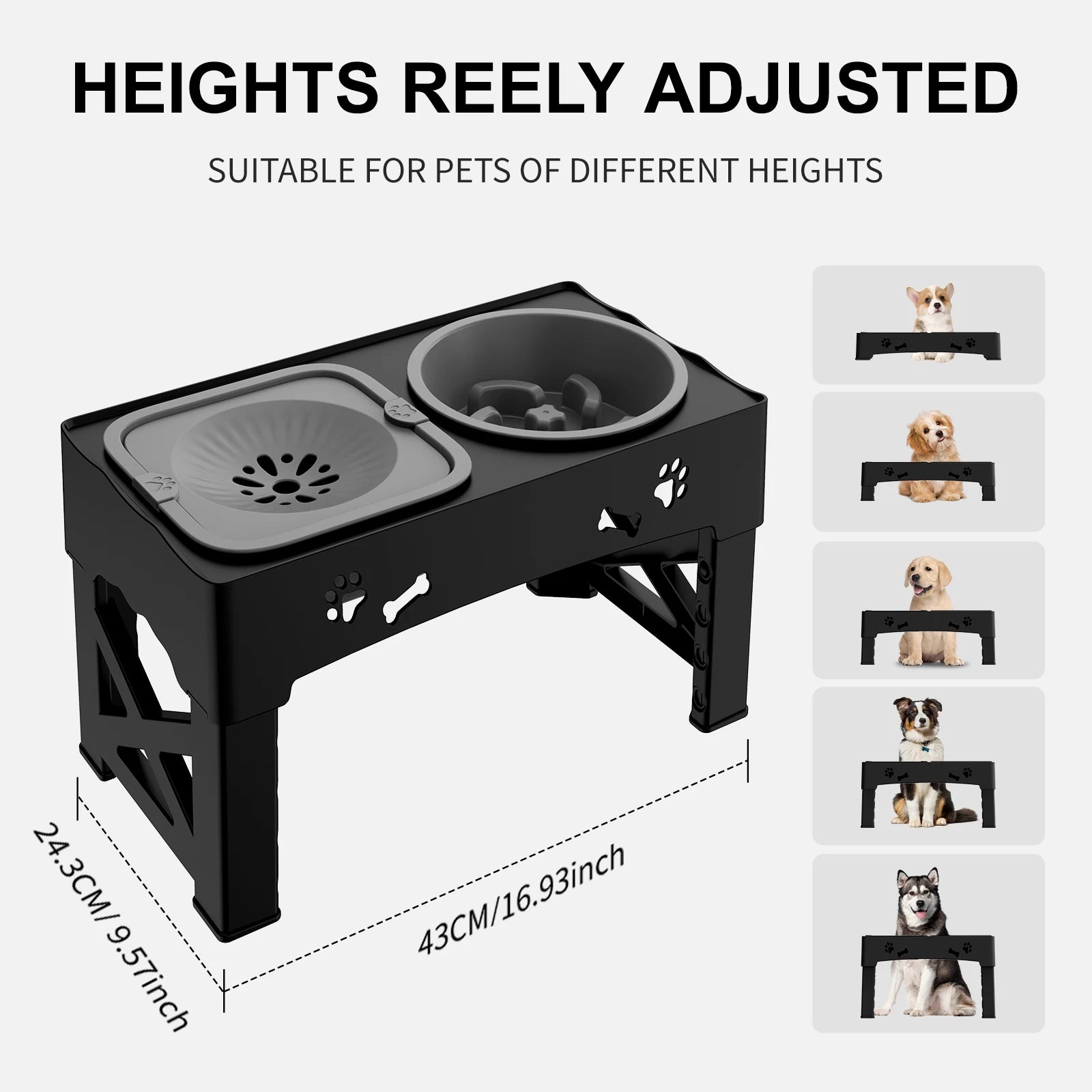 Adjustable 3 In 1 Pet Feeder With Slow Feed Bowls - Smarsty