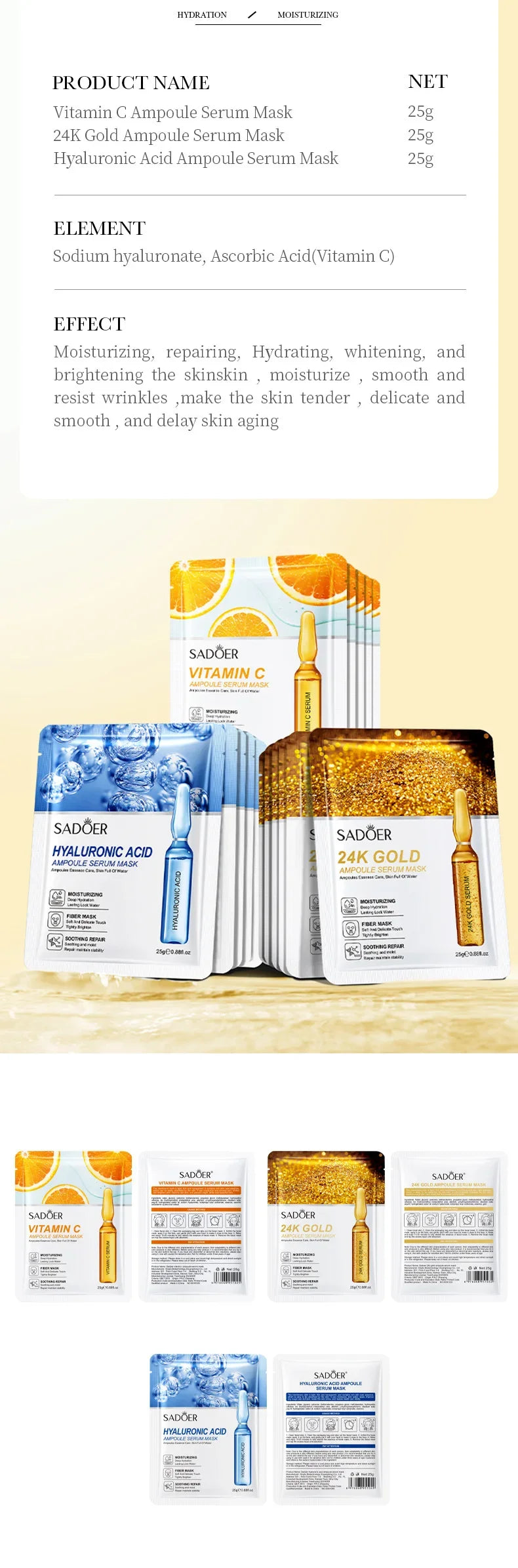 24K Gold Hyaluronic Acid Face Masks for Firming and Moisturizing - Smarsty