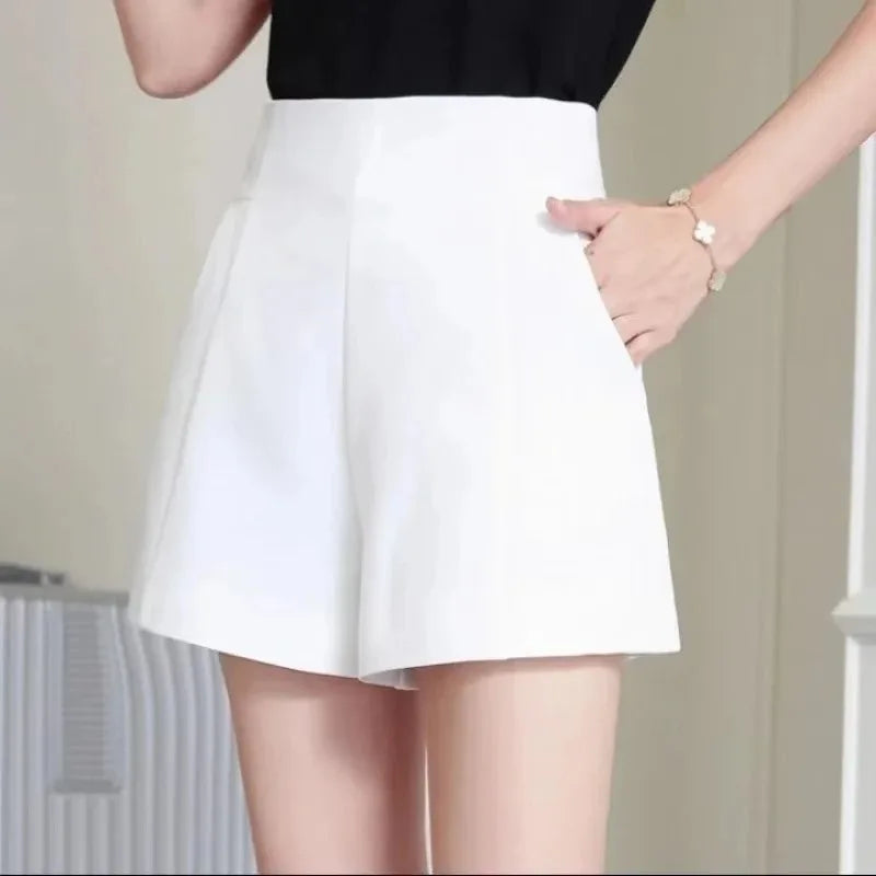 Women Shorts Spring Summer Casual High Waist A-line Shorts Loose Wide Leg Shorts Chic Lady Black White Suit Shorts - Smarsty