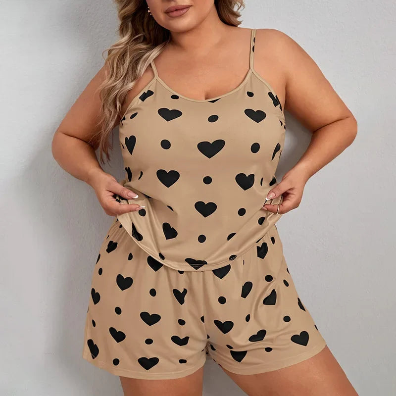 Plus Size Heart Print Women Pajama Set Sleeveless O Neck Crop Top & Elastic Waist Shorts 2 Pieces Female Sleepwear Nightwear - Smarsty