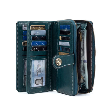 Rfid Anti-Theft Wallet for Men and Women, European and American Retro Leather Long Wallet Clutch, Oil Wax Leather Cut Out Multi-Card Slot Wallet, Large Capacity Zipper 70% off Clutch Bag, Card Holder Coin Purse Hand Bag - Smarsty