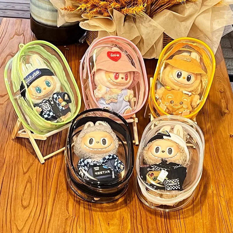 Colorful Transparent Protector Case Organizer Box for 17cm Labubu V3 Dolls Outdoor Display Bag With Keychain Doll Accessories
