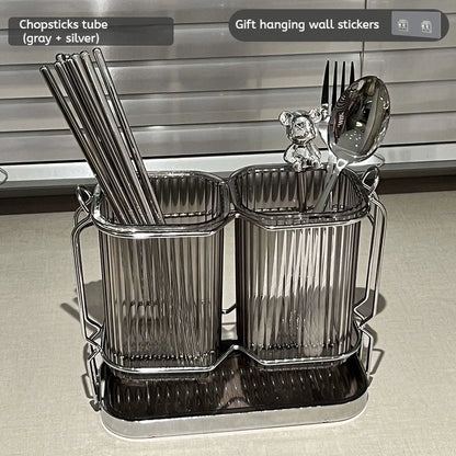 Luxury Wall-Mounted Chopsticks Holder - No Drill Utensil Organizer for Kitchen, Multi-Function Spoon & Fork Rack with Drain Hole