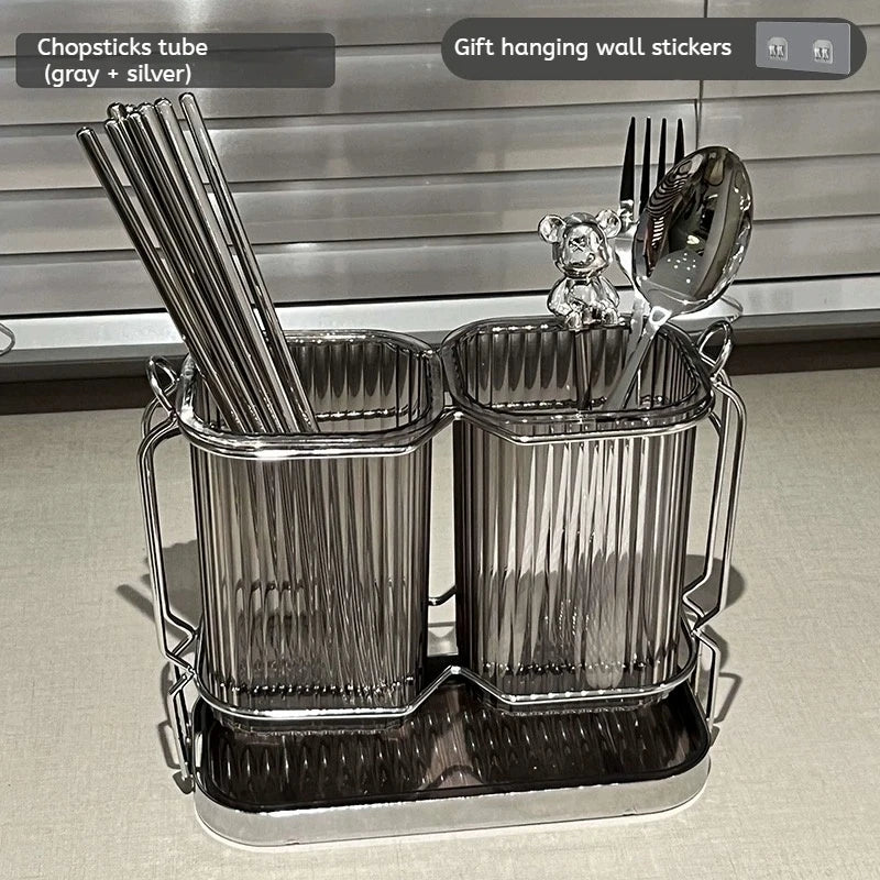 Luxury Wall-Mounted Chopsticks Holder - No Drill Utensil Organizer for Kitchen, Multi-Function Spoon & Fork Rack with Drain Hole