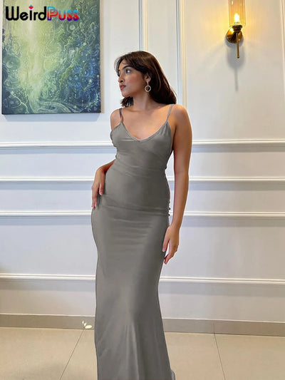 Weird Puss Sexy Backless Women Evening Maxi Dress Folds V-Neck Sleeveless Coquette Elegant Mermaid Matching Banquet Prom Bodycon - Smarsty