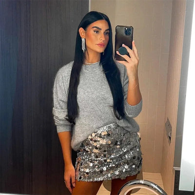 Silver Sequin Skirt Woman High Waist Mini Skirt Woman Fashion Shiny Glitter Elegant Short Skirts For Women Y2k Skirts - Smarsty