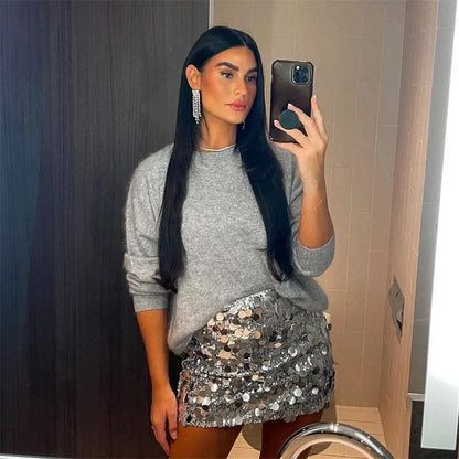 Silver Sequin Skirt Woman High Waist Mini Skirt Woman Fashion Shiny Glitter Elegant Short Skirts For Women Y2k Skirts - Smarsty