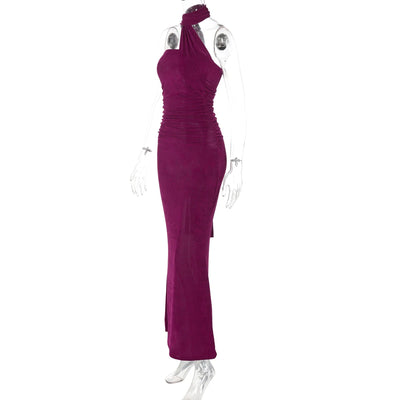 Hugcitar Halter Solid Sleeveless Backless Ruched Sexy Bodycon Maxi Prom Dress Summer Women Elegant Outfit Evening Party Birthday - Smarsty