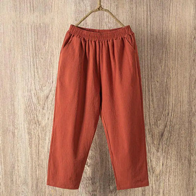 Women Summer Casual Loose Harem Elastic Waist Cotton Linen Pants Ninth Trousers - Smarsty