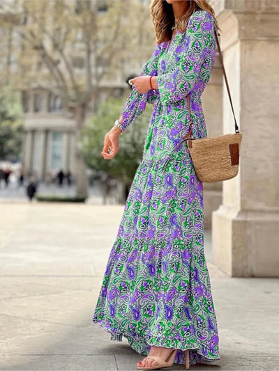 Women's Autumn New Fashionable Printed Sexy V-neck Long Sleeve High Waist Elastic Waist Medium Length Bohemian Dress - Smarsty