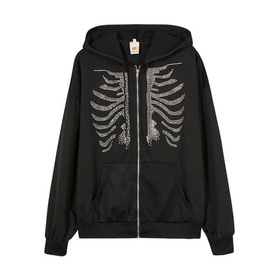 Y2K Rhinestone Skeleton Hoodies Women Gothic Black Zip Up Oversized Sweatshirts Female Retro Harajuku Hooded Jacket Streetwear - Smarsty