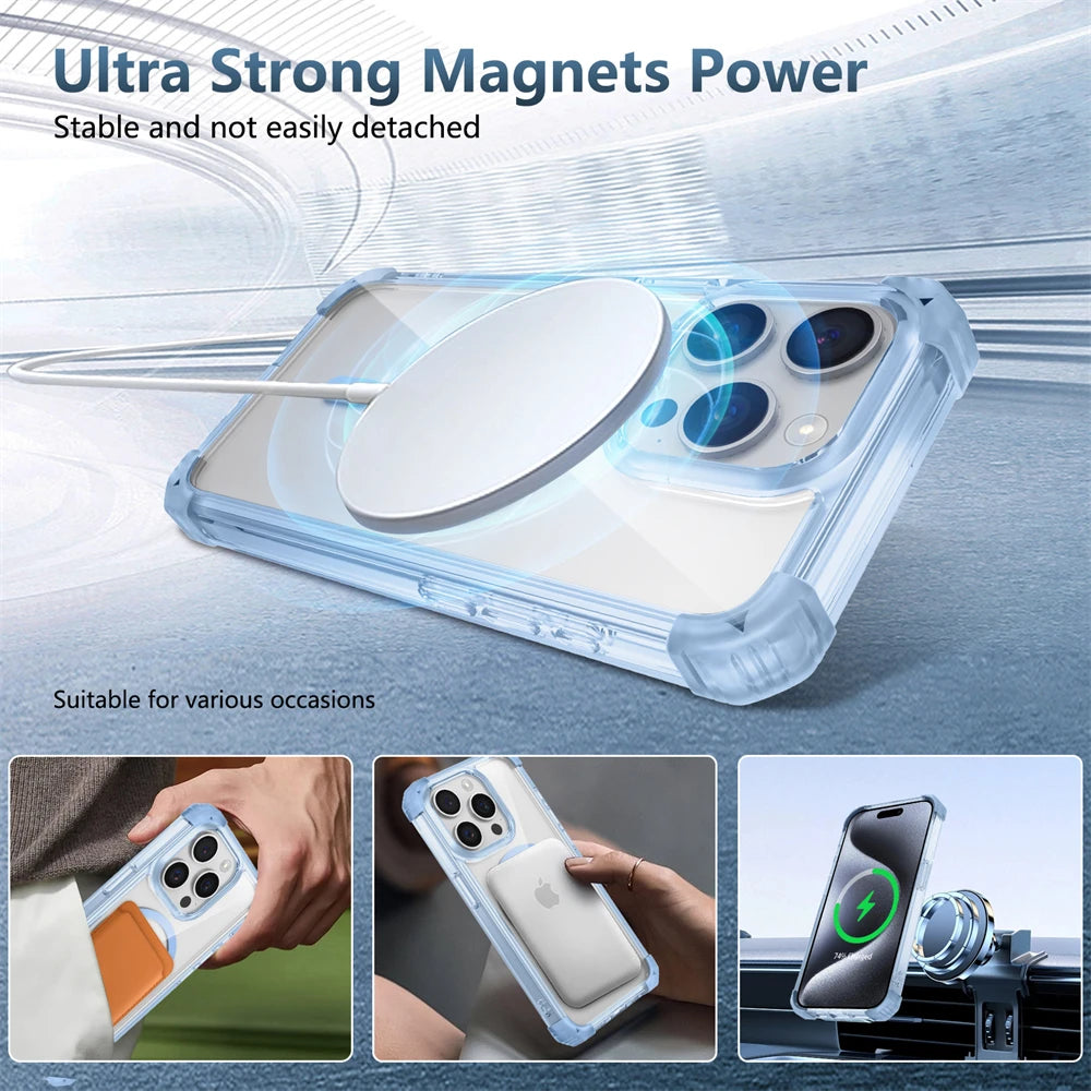 Luxury For Magsafe Wireless Charge Shockproof Armor Clear Case For iPhone 17 16 14 13 12 15 Pro Max Magnetic Clear Hard Cover