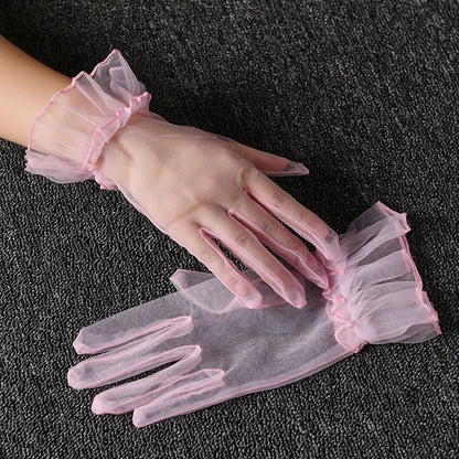 Women Lace Tulle Gloves Stretchy Full Finger Wedding Gloves - Smarsty