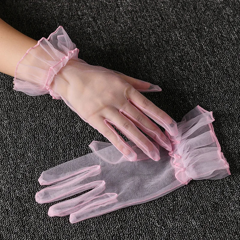 Women Lace Tulle Gloves Stretchy Full Finger Wedding Gloves - Smarsty