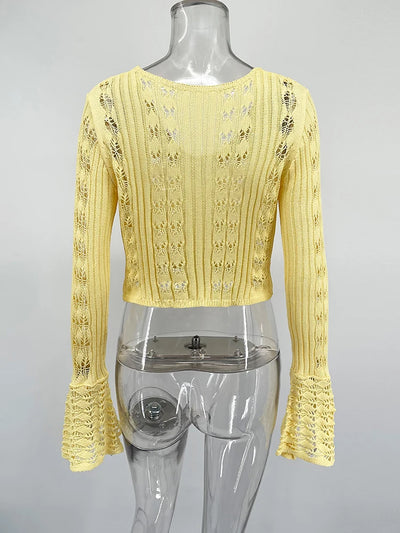 TARUXY Hollow Knitted Cardigan Women's Solid Long Sleeve V Neck Short Sweater Top Summer 2025 New Female Crochet Casual Outwear - Smarsty