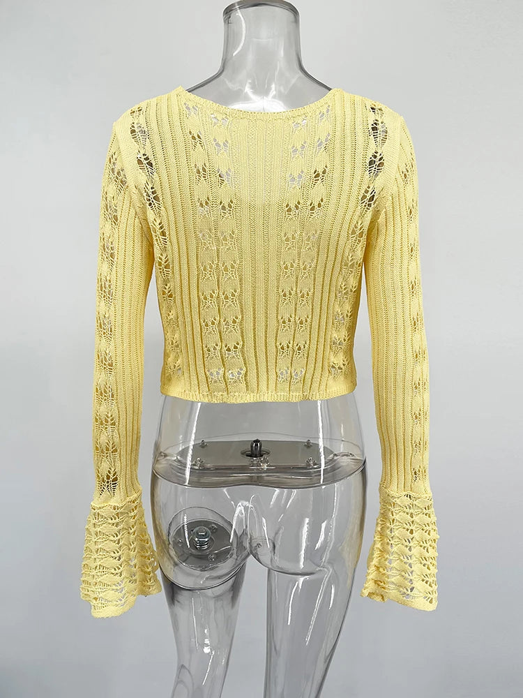 TARUXY Hollow Knitted Cardigan Women's Solid Long Sleeve V Neck Short Sweater Top Summer 2025 New Female Crochet Casual Outwear