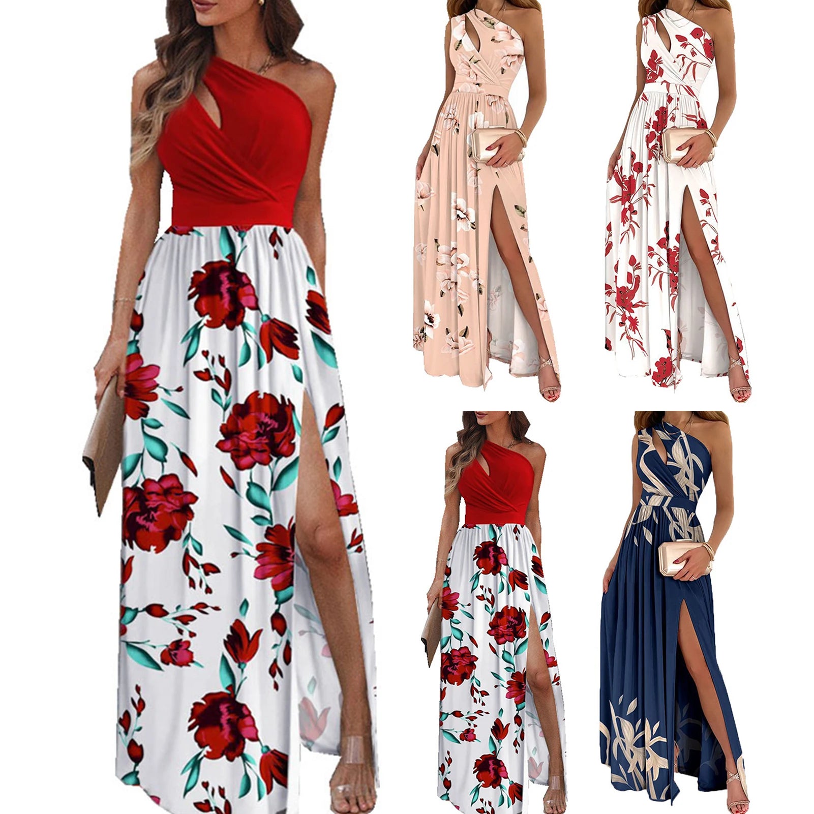 Elegant Women's Long Dress Flower Retro Printed Patchwork Long Sleeve Banquet Maxi Robe S-5XL - Smarsty