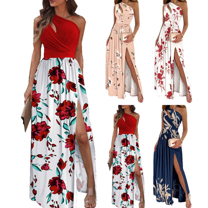 Elegant Women's Long Dress Flower Retro Printed Patchwork Long Sleeve Banquet Maxi Robe S-5XL - Smarsty