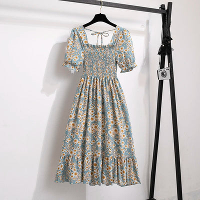 Spring Summer Chiffon Dresses Fashion Female Elastic Waist Short Sleeve Pleated Casual Dress Women A-line Dresses Vestidos - Smarsty