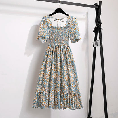 Spring Summer Chiffon Dresses Fashion Female Elastic Waist Short Sleeve Pleated Casual Dress Women A-line Dresses Vestidos - Smarsty