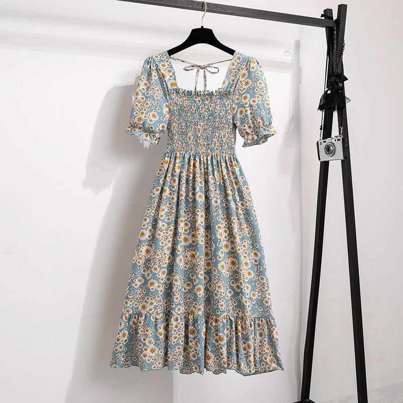 Spring Summer Chiffon Dresses Fashion Female Elastic Waist Short Sleeve Pleated Casual Dress Women A-line Dresses Vestidos - Smarsty