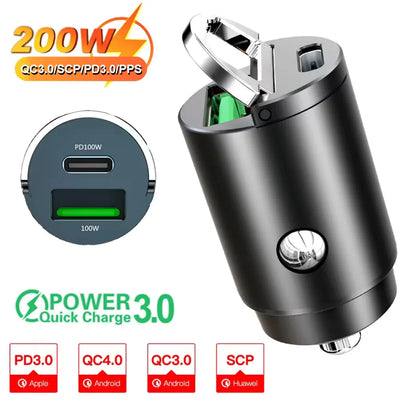 100W/200W QC3.0 PD Mini Car Charger 12-24V Lighter Fast Charging Car USB Type C Charger for Xiaomi Samsung Huawei iPhone Power - Smarsty