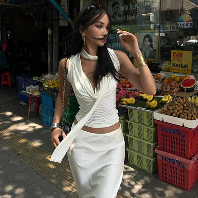 Solid Tank Summer New Women Sexy Sleeveless V-Neck Lady Top Fashion Bandage Streetwear Casual Slim Tank Elegant Knitted Clothing - Smarsty