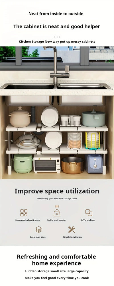 Adjustable Under Sink Storage Rack,Expandable Kitchen & Bathroom Cabinet Organizer, Durable Space-Saving Multi-Layer Pot Holder by Smarsty
