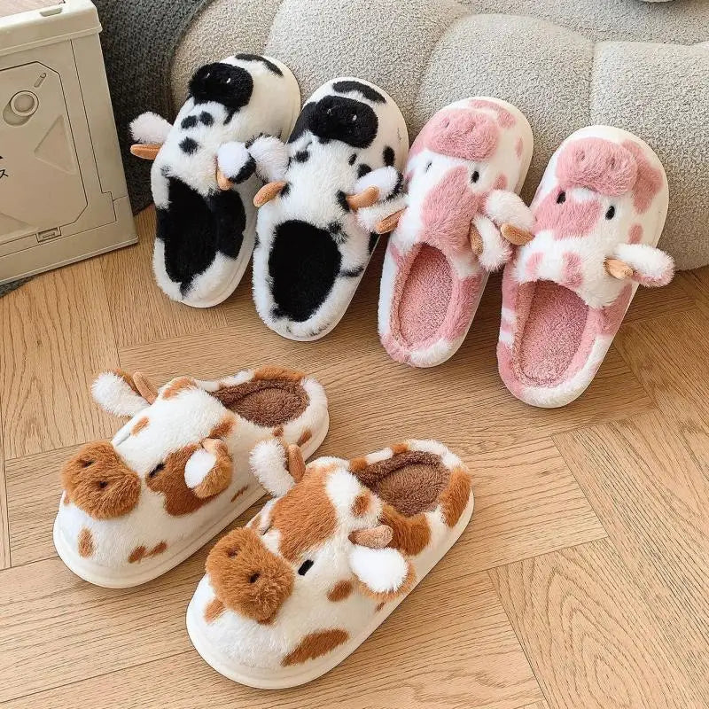 Casual Fluffy Slippers Women House Cute Cartoon Cow Designer Shoes Girl Flat Fashion Elegant Plush Winter Platform Footwear Home - Smarsty