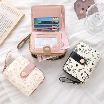 Cute Cat Coin Purse Women Fashion Short Wallet PU Leather Large Capacity Wallet Lightweight ID Card Holder Travel Cash Coin Bag - Smarsty