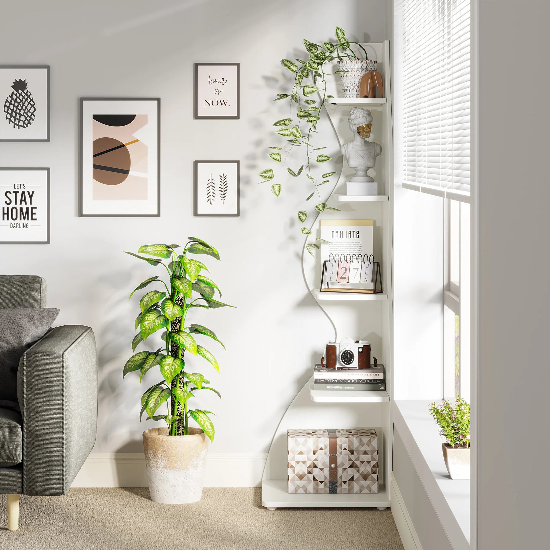 Tribesigns Corner Shelf, Modern 5-Tier Wall Corner Bookshelf, Stylish Corner Small Bookcase Storage Rack Plant Stand