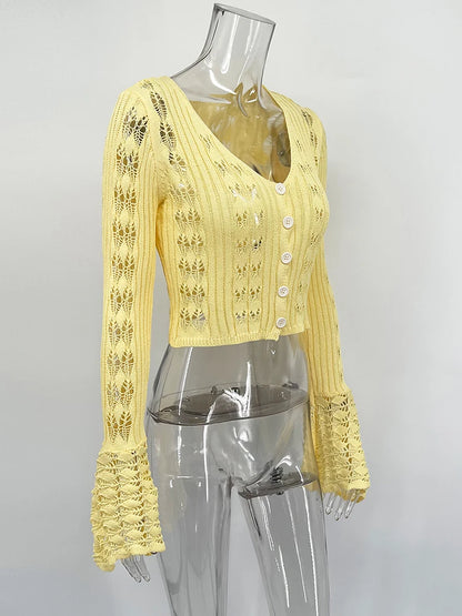 TARUXY Hollow Knitted Cardigan Women's Solid Long Sleeve V Neck Short Sweater Top Summer 2025 New Female Crochet Casual Outwear
