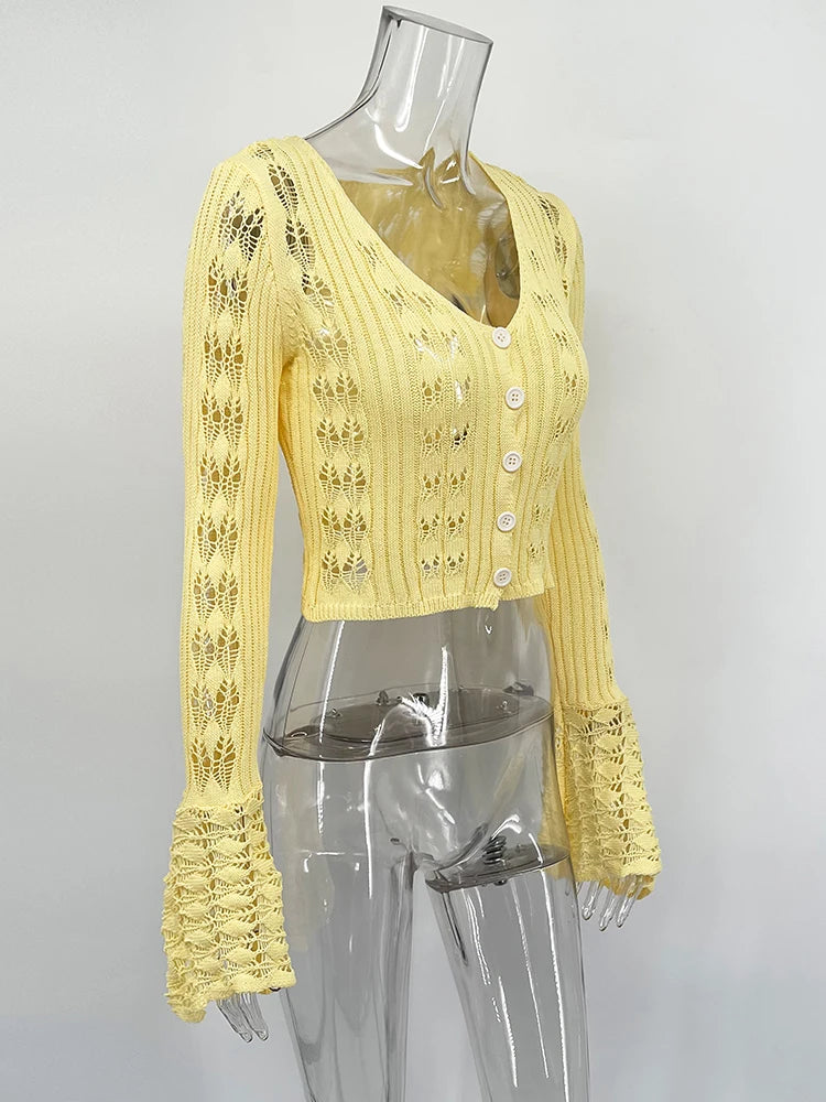 TARUXY Hollow Knitted Cardigan Women's Solid Long Sleeve V Neck Short Sweater Top Summer 2025 New Female Crochet Casual Outwear