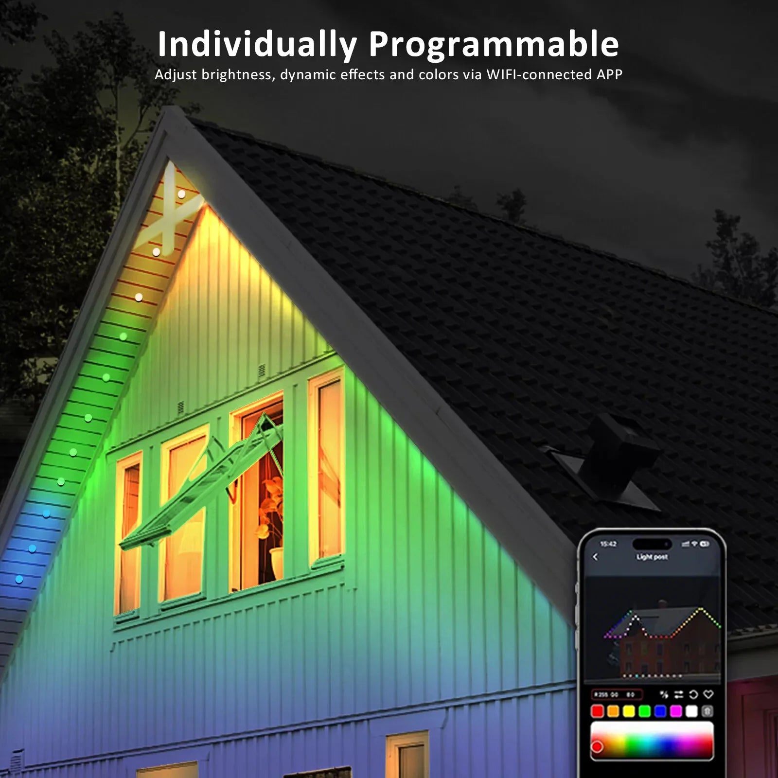 Permanent Outdoor String Lights 60M 120LEDs Smart RGBIC LED Lights IP67 Waterproof Full House Eaves Lights Halloween Decor Alexa