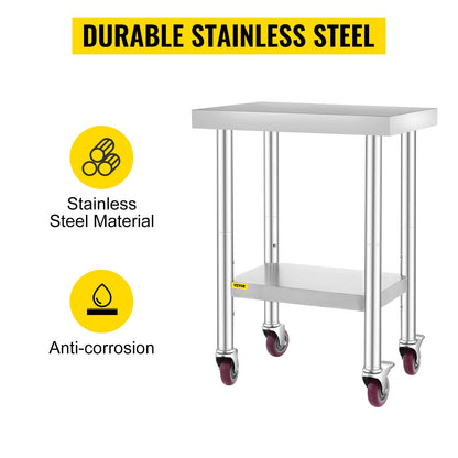 SucceBuy Stainless Steel Kitchen Worktable shelves Commercial Work Bench Table with Caster Wheels for Home Restaurant Storage