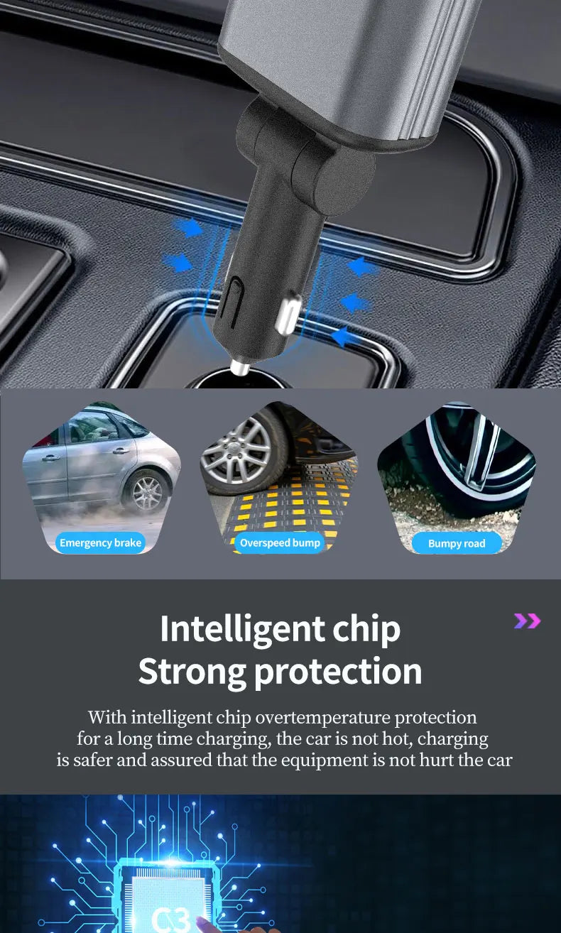 5-in-1 180W Car Fast Charger USB Type-C Power Adapter Retractable Phone Charger With Roof Starlight For IOS Android Phones - Smarsty