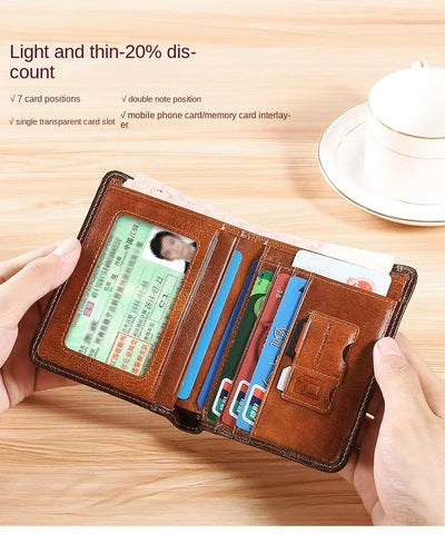 Men Wallet Genuine Leather Rfid Blocking Trifold Wallet Vintage Thin Short Multi Function ID Credit Card Holder Male Purse Money - Smarsty