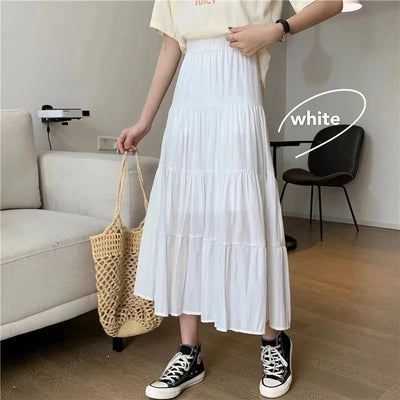 Spring Summer Women Skirts Vintage High Waist Elastic Patchwork White Black Chic Long Cake A-line Skirt - Smarsty