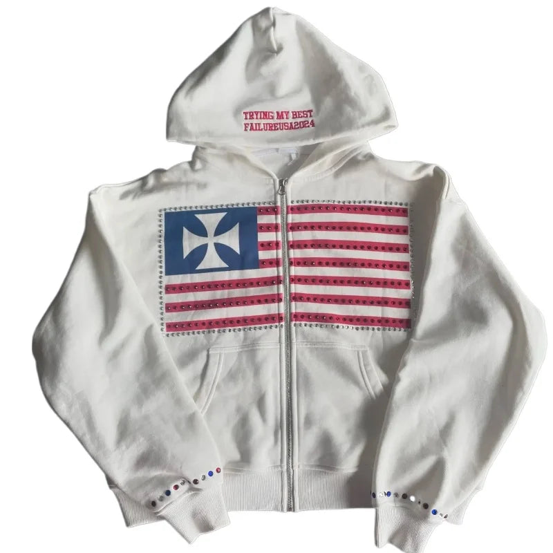 Autumn and winter new minimalist design color collision pattern women hooded sweatshirt Harajuku Y2k loose zipper sweatshirt