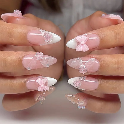 Colorful Press On Almond Nails Set with Pearl Flowers - Smarsty
