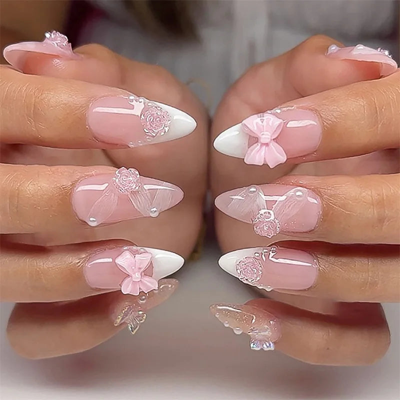 Colorful Press On Almond Nails Set with Pearl Flowers - Smarsty