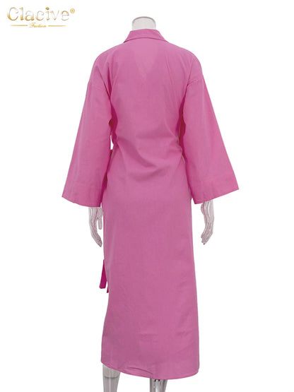 Clacive Casual Loose Pink Cotton Dress Ladies Fashion Lapel Long Sleeve Ankle Length Dress Elegant Lace-Up Dresses For Women - Smarsty