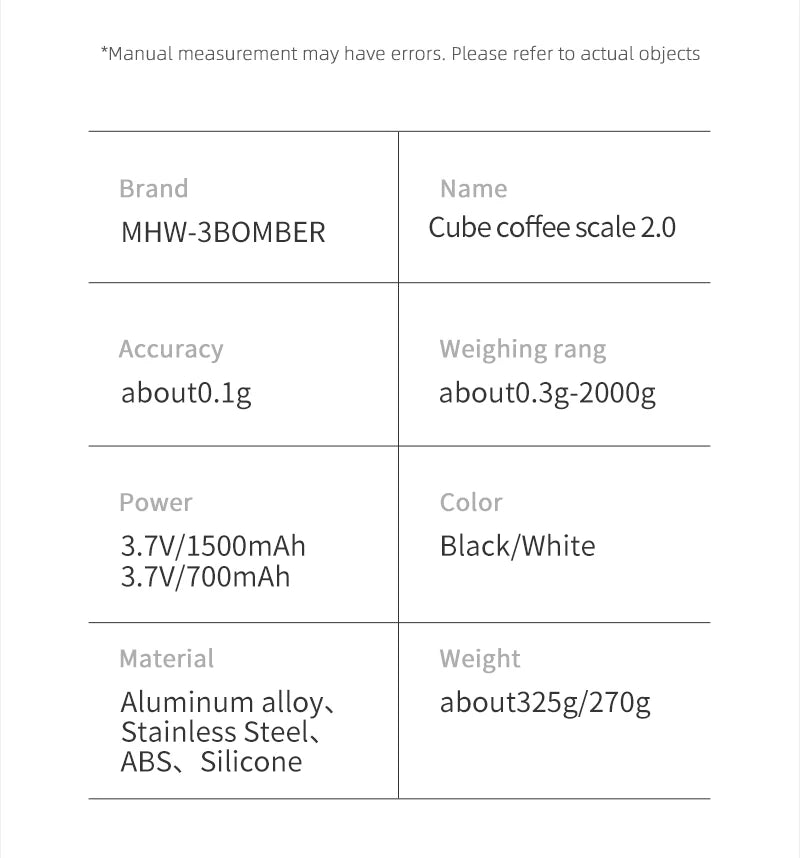 MHW-3BOMBER Smart Coffee Scale Timer 2kg/0.1g High Precision Kitchen Scales Drip Coffee Espresso Scale Home Barista Tools