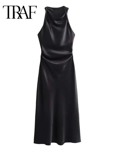 TRAF Satin Long Dresses for Women 2024 Summer Slip Midi Dress Woman Sexy Evening Party Dress Sleeveless Female Elegant Dresses - Smarsty