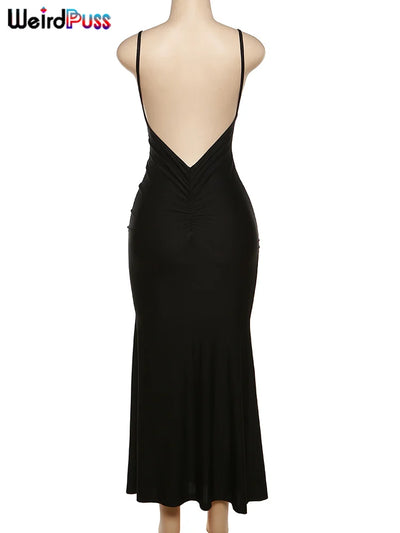 Weird Puss Sexy Backless Women Evening Maxi Dress Folds V-Neck Sleeveless Coquette Elegant Mermaid Matching Banquet Prom Bodycon - Smarsty