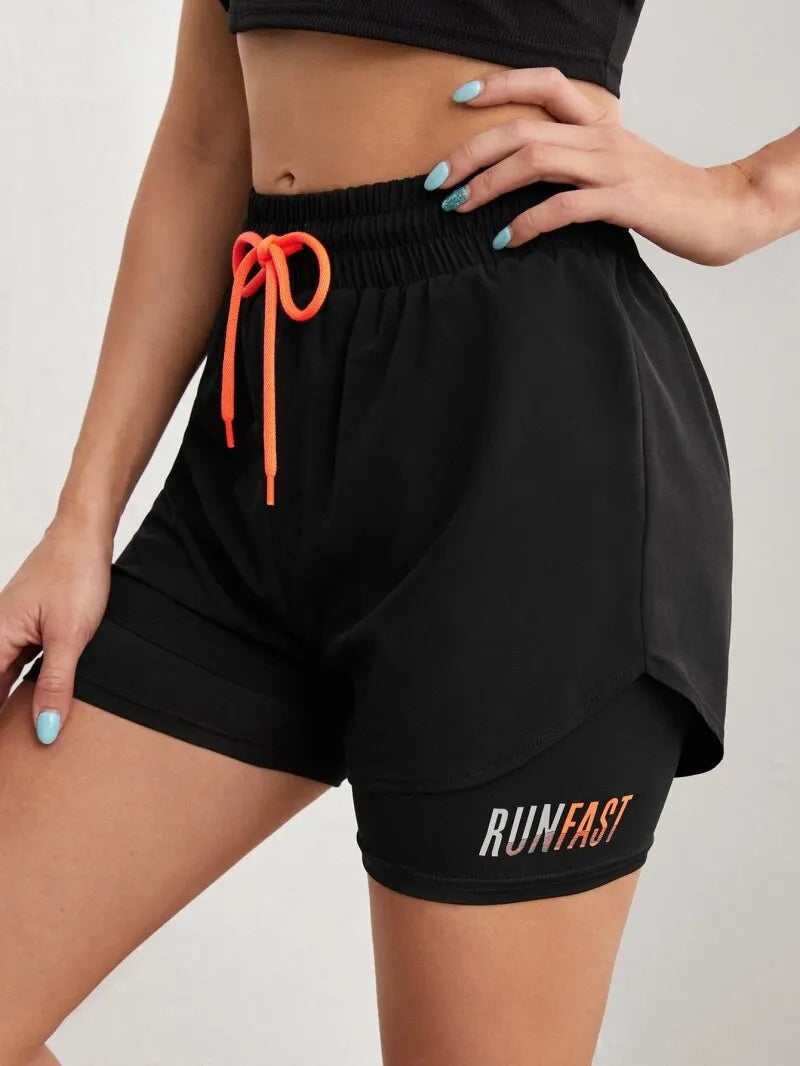 Women's High Rise Yoga Shorts With Elastic Proximity Control Running Shorts, Fake Two Pieces Pants - Smarsty
