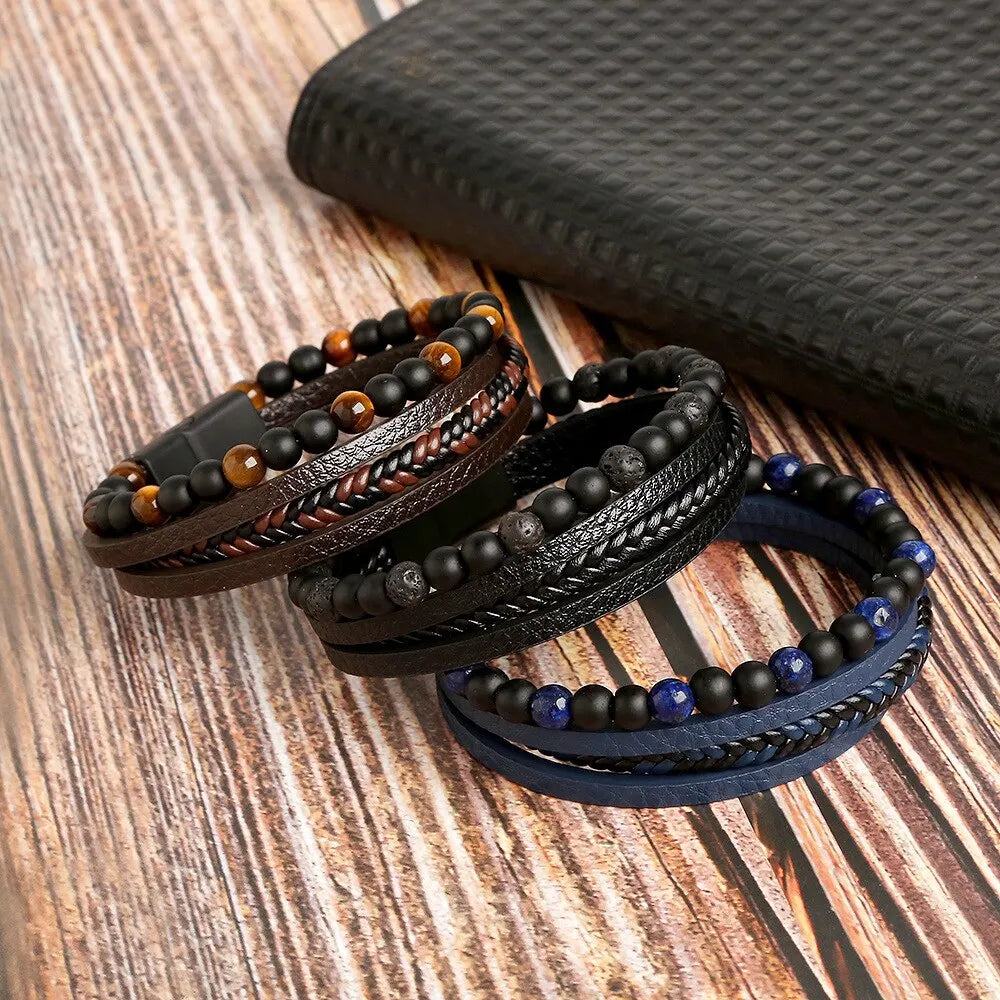 Men Leather Bracelet Multi Layer Tiger Eye Beaded Design - Smarsty
